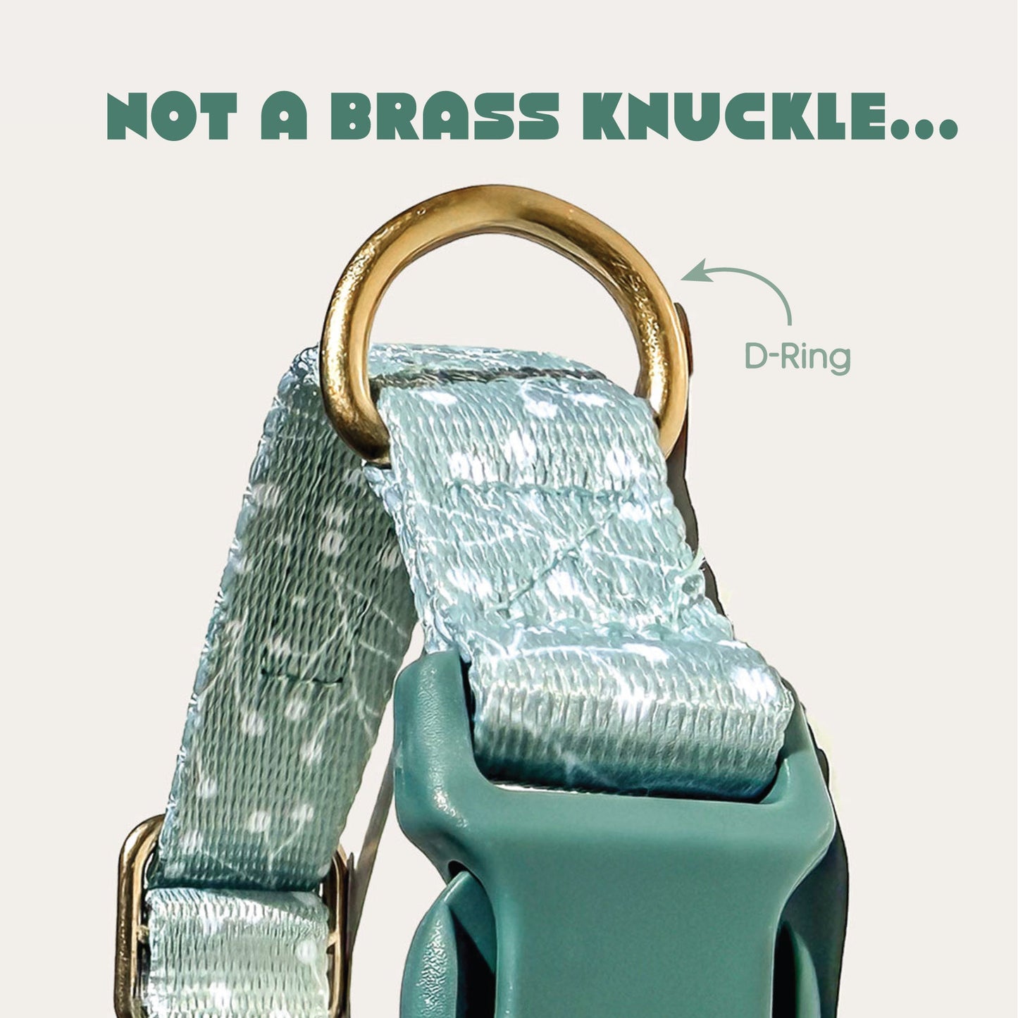 Close-up of a pet collar with a light blue patterned webbing strap, teal plastic buckle, and gold-tone D-ring, with text reading 'NOT A BRASS KNUCKLE.