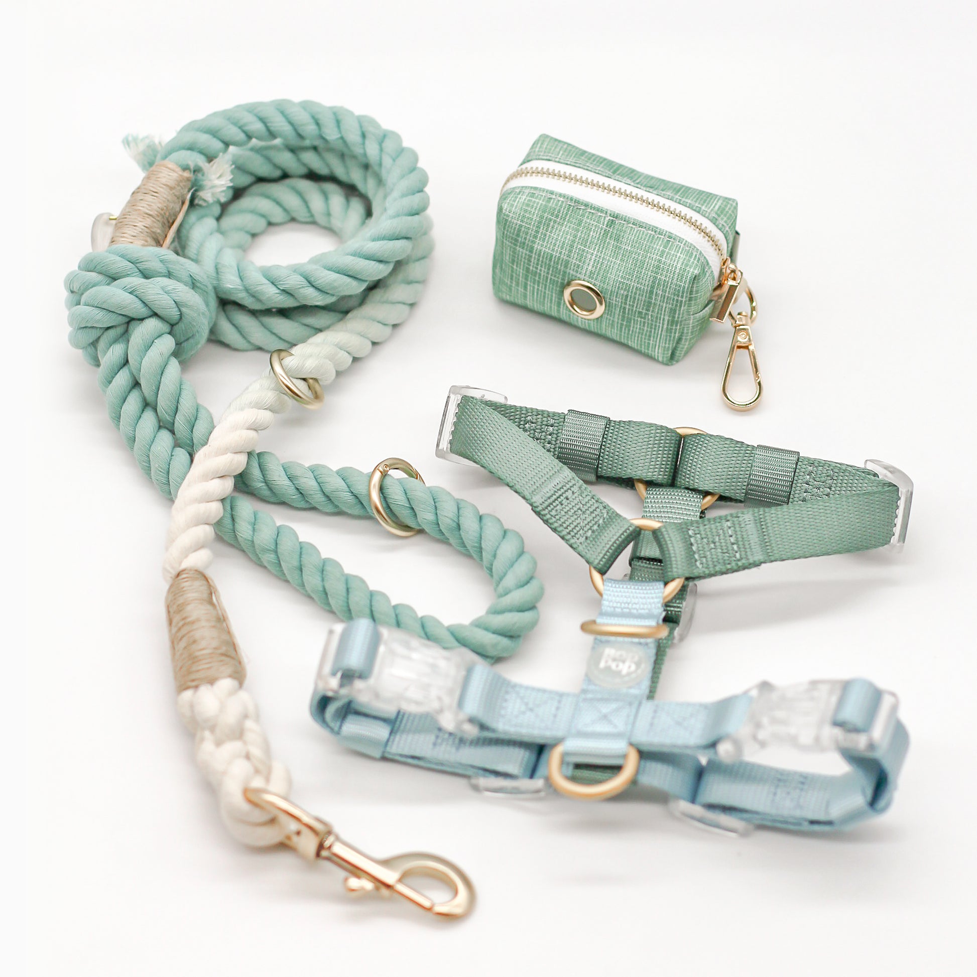 100% cotton rope leash ombre sage green pastel 5ft handle ORing gold hardware dog walking pet accessory  fade hemp cord harness matching set combo poop bag dispenser bop pop pets