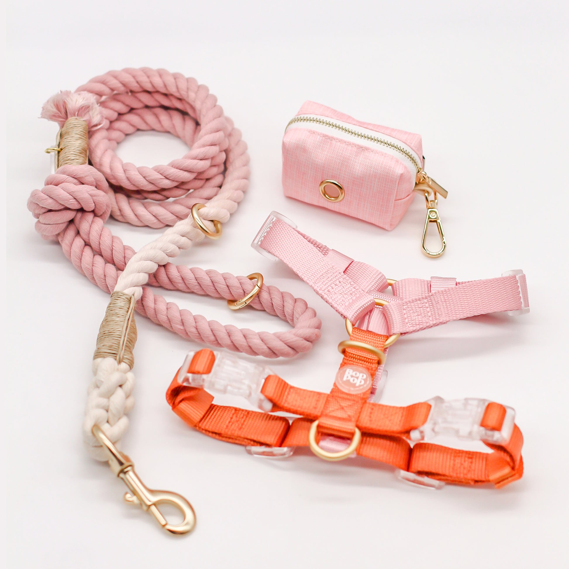 100% cotton rope leash ombre dusty pink pastel 5ft handle ORing gold hardware dog walking pet accessory  fade hemp cord with matching set combo poop bag holder dispenser matching set combo harness nylon orange pink bop pop pets