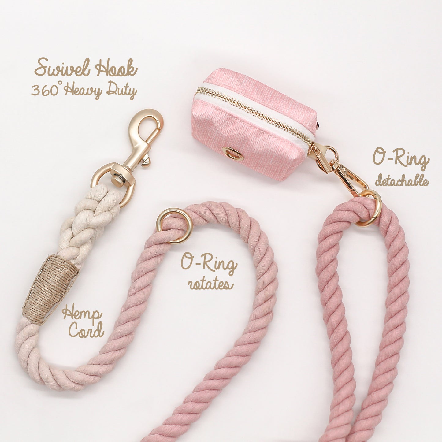 100% cotton rope leash ombre dusty pink pastel 5ft handle ORing gold hardware dog walking pet accessory  fade hemp cord with matching set combo poop bag holder dispenser bop pop pets