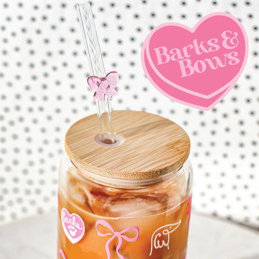 Barks and Bows Valentines Day 16oz Glass Cups with Pink Bow Glass Straw dog mom dog pet accessories bamboo lid glass straw UV DTF transfer design Valentines Day Pup Bop Pop Pets