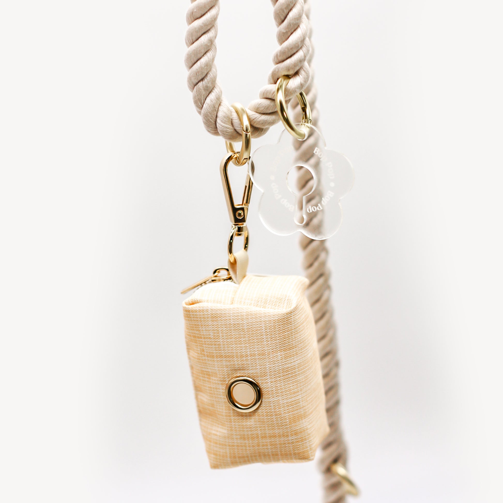 Poop Bag holder Dispenser set with Poop Loop acrylic gold harware with rope leash bop pop pets accessories beige bohemian style