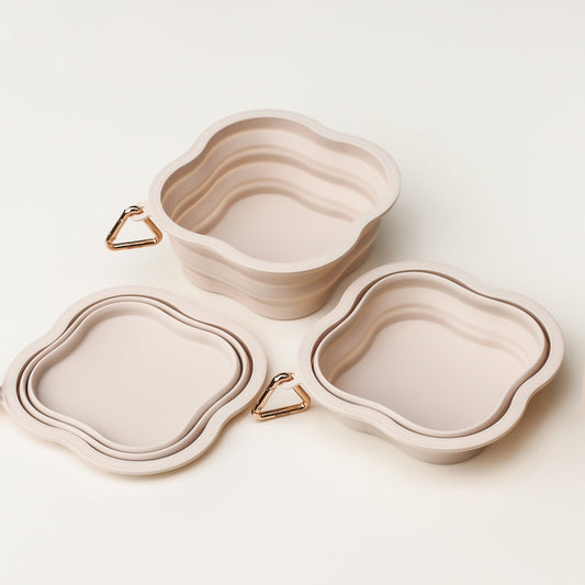 Tan beige creamy beige boho chic bohemian style silicone water bowl pets dogs cats collapsible foldable portable travel bowl or hiking  bowl for drinking or feeding. Pocket sized dog walking bop pop pets accessories Small Medium size dogs water capacity small to large pets with gold triangle carabiner clasp