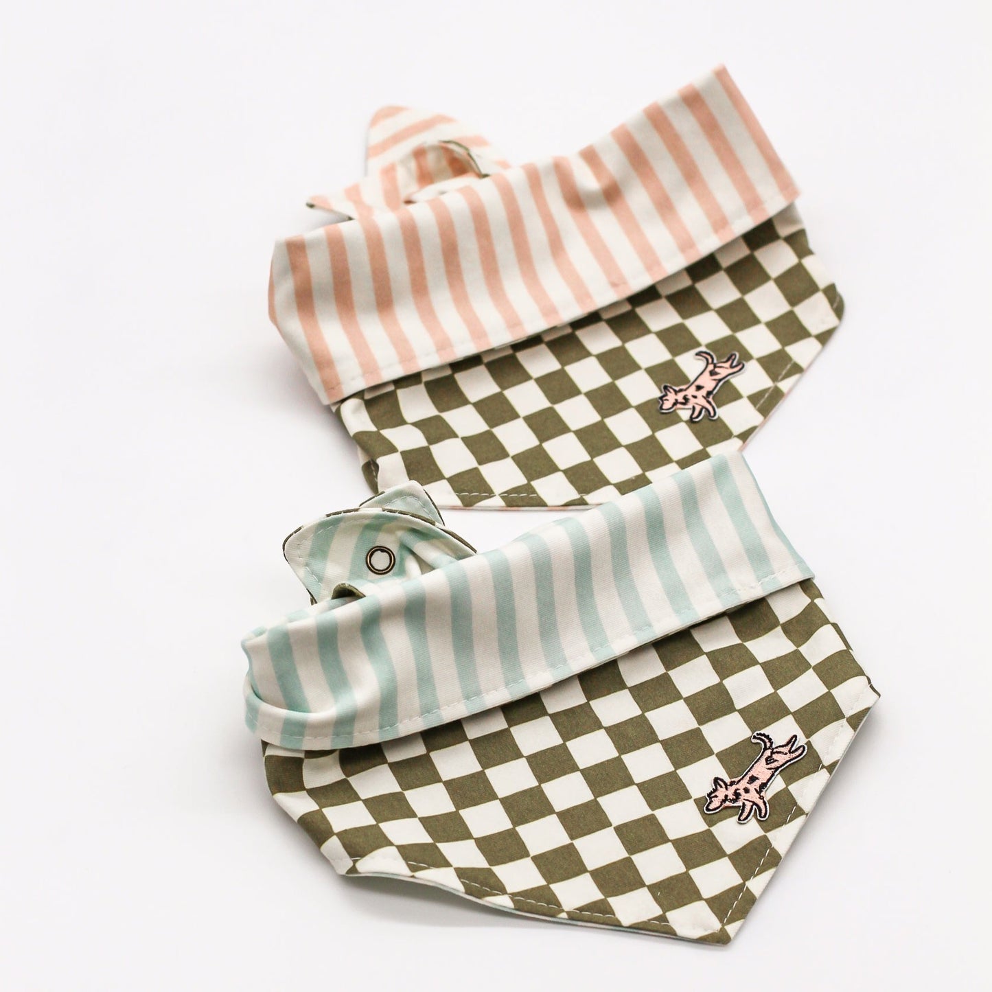 Checkerboard and Stripes pastel pink blue olive cozy cotton jersey cat small dog bandanas with metal snap buttons pet accessory bop pop pets Reversible 2-sided print, two sided, double sided bandana