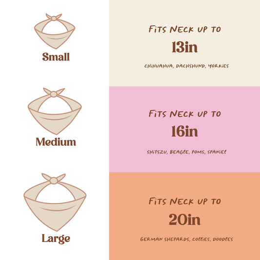 Size guide chart for dog bandanas showing Small, Medium, and Large sizes with corresponding fit measurements up to 13in, 16in, and 20in, plus breed recommendations.