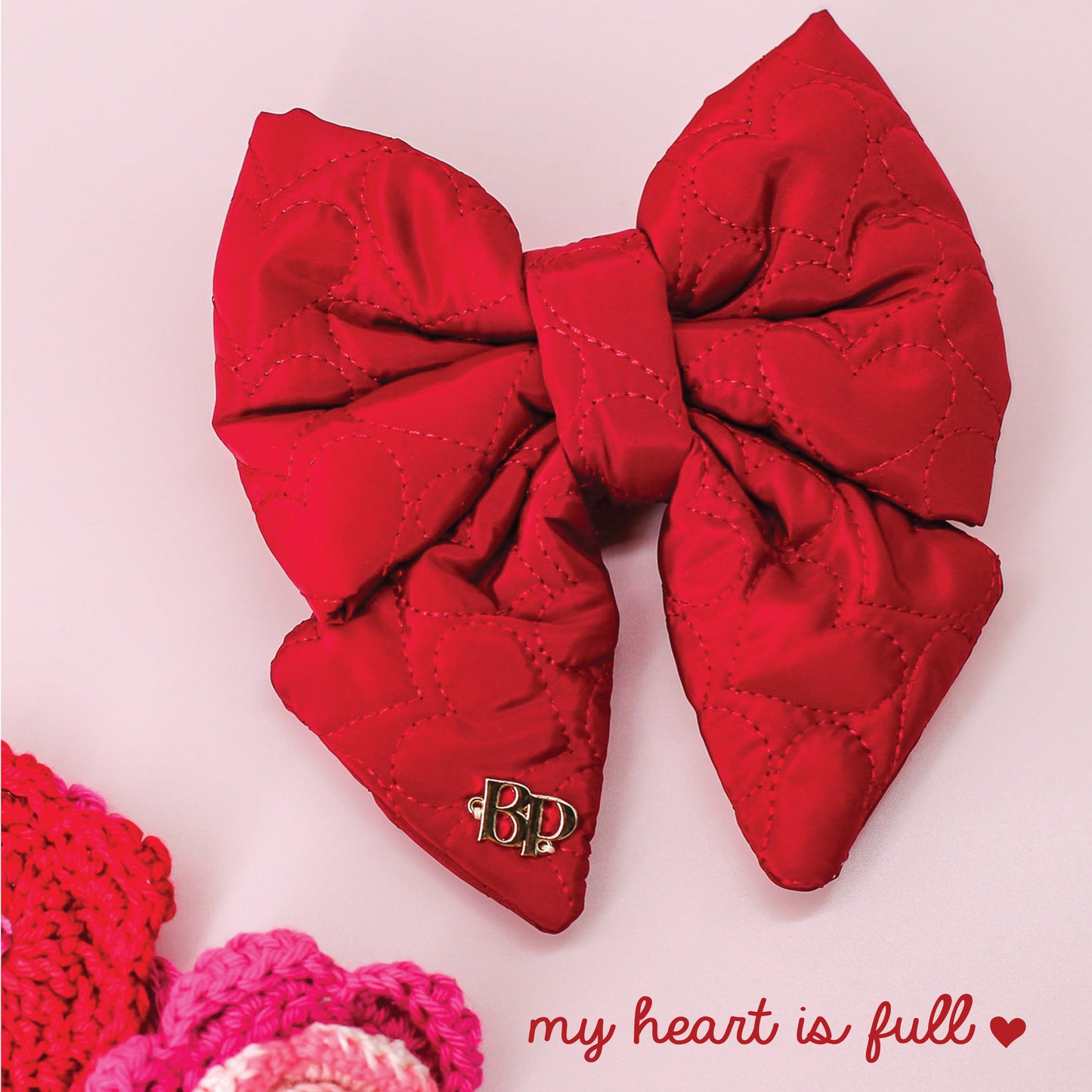 Red satin quilted puffy Sailor bow tie. Handmade of High quality quilted stitched fabric with heart details for Valentines day. Pet accessory gift Sailor bow bop pop pets. 