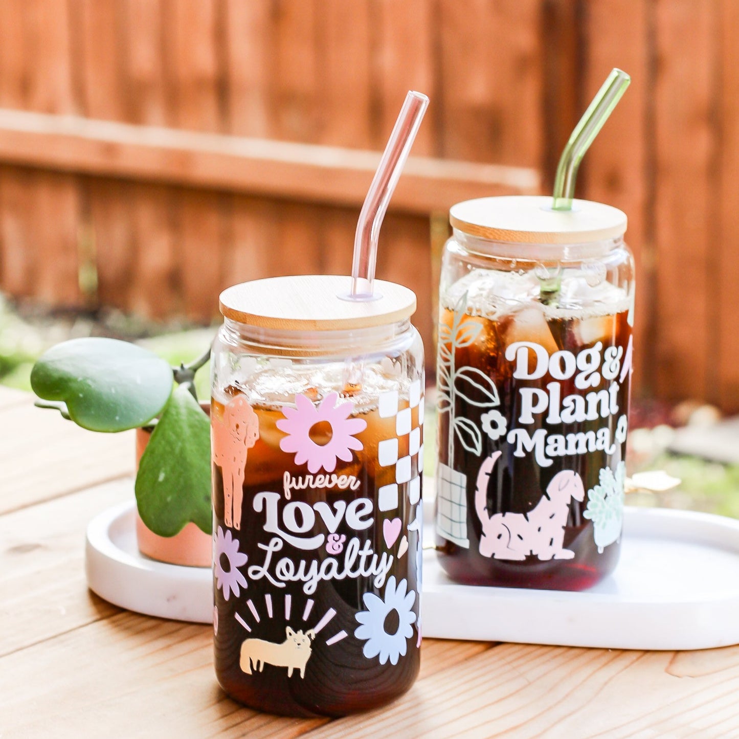 UV DTF beer glass cups with bamboo lid  glass straw Dog Plant Mama Retro Boho Design for ice coffee cold brew drinks for summer spring gift glassware pet accessories dog mom bop pop pets Love Loyalty Furever Pup Dogs