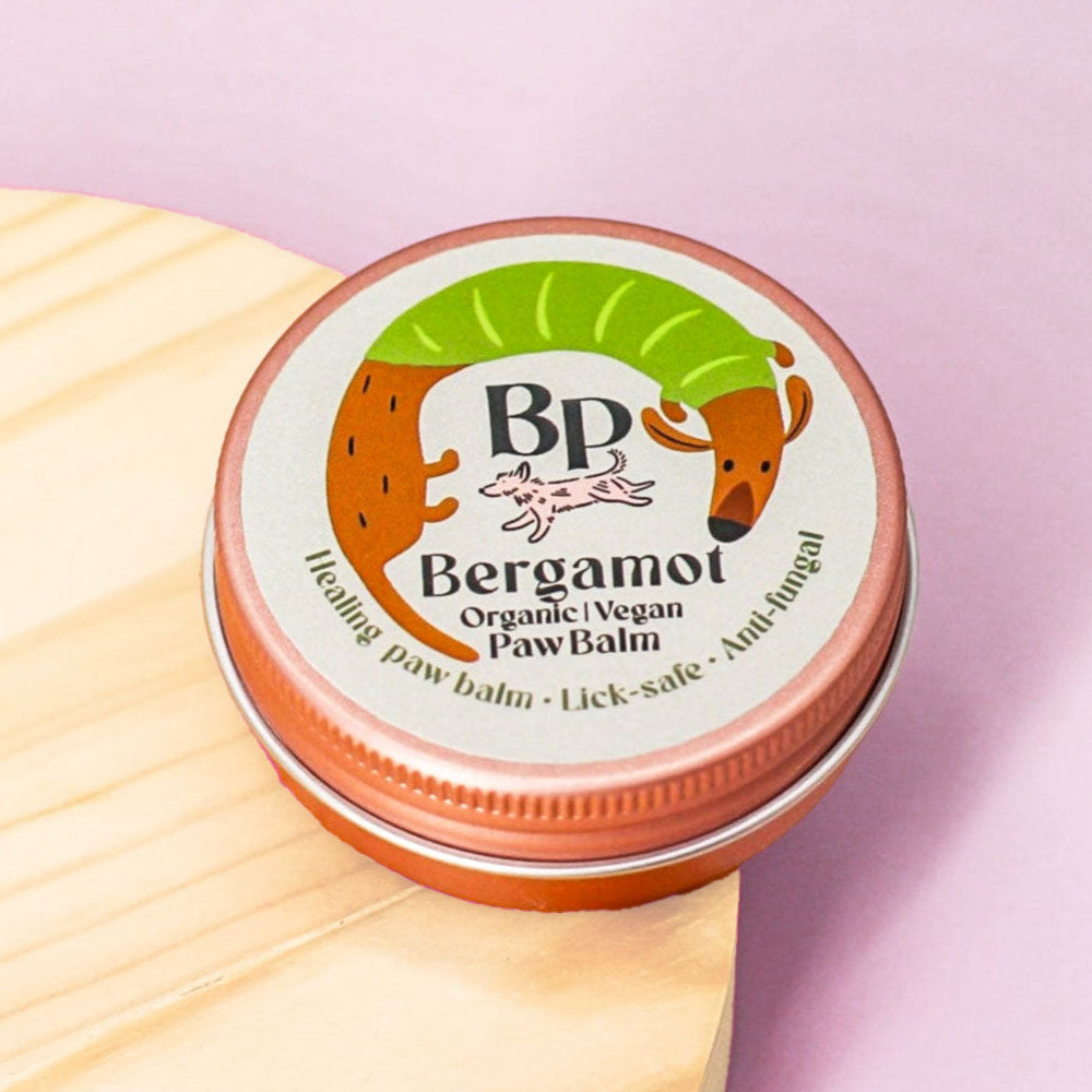 A round tin of BP Bergamot Organic Vegan Paw Balm resting on a light wood block against a soft pink background.