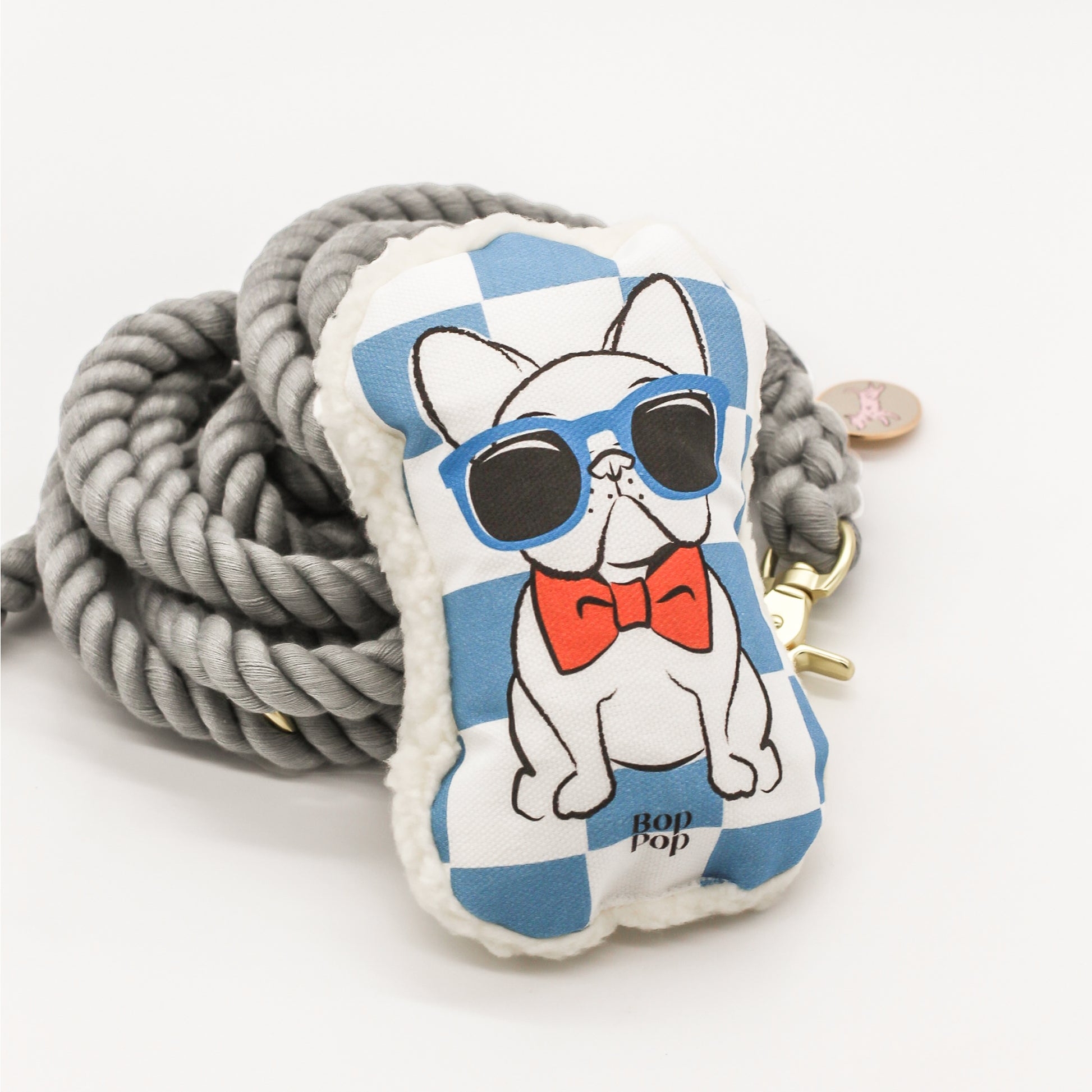 Besties Dog toy plush sherpa french bulldog frenchie with checkerboard print yellow blue with red bow tie and blue sunglasses. Dog accessories