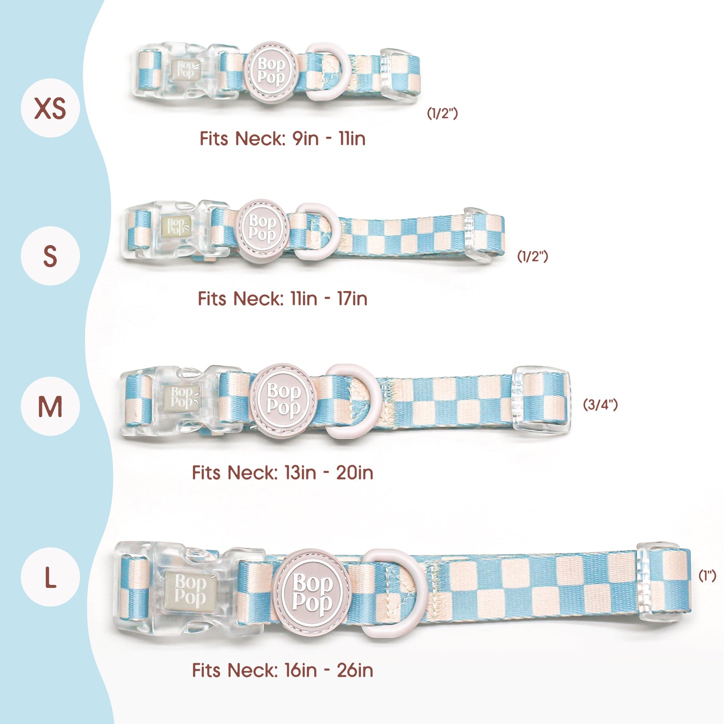 Set of dog collars with checkered blue pattern and bop pop logo rubber tag. Sizes xs, small, medium and large pet accessories