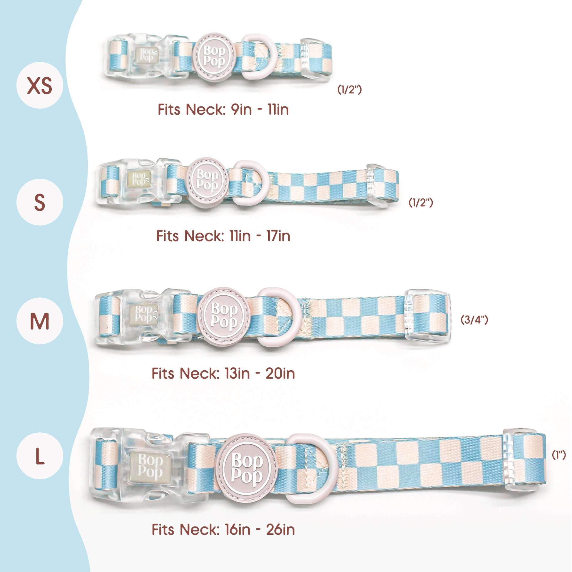 Set of dog collars with checkered blue pattern and bop pop logo rubber tag. Sizes xs, small, medium and large pet accessories