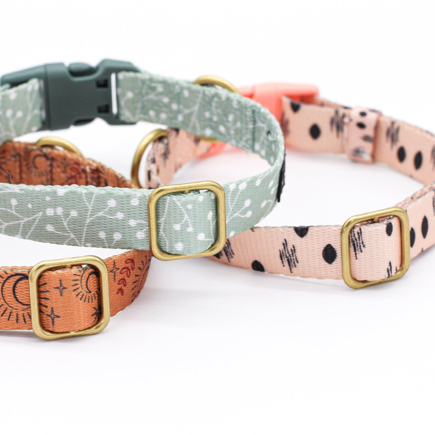 Bop Pop dog collar collection with different patterns on a white 