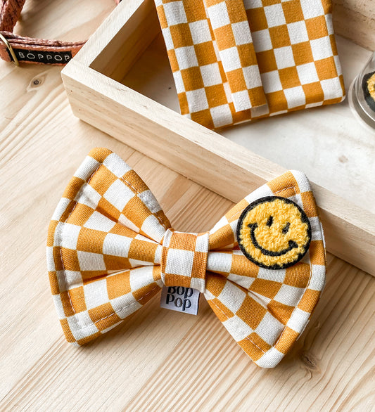 Smiley Bow Tie | Yellow Checkerboard w/Fuzzy Patch!