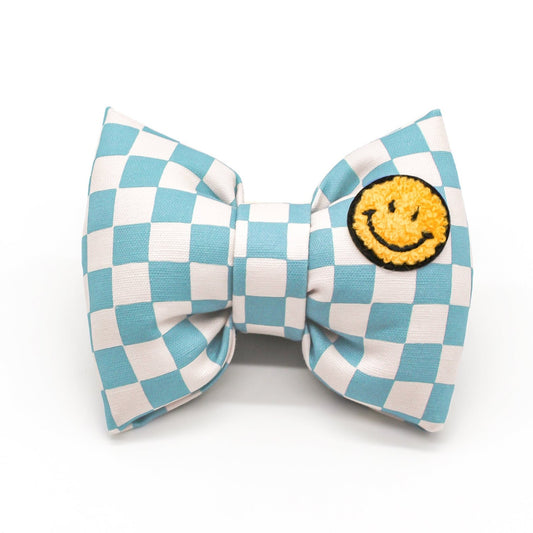 Luxury dog bows for collars.  Dog collar bow.
Cute Bow Tie Unique Bow Tie aqua checkerboard oversized large Big Puppa Bow Tie organic linen cotton with Smiley patch fuzzy chenille  Bop Pop Pets dog cat accessories 