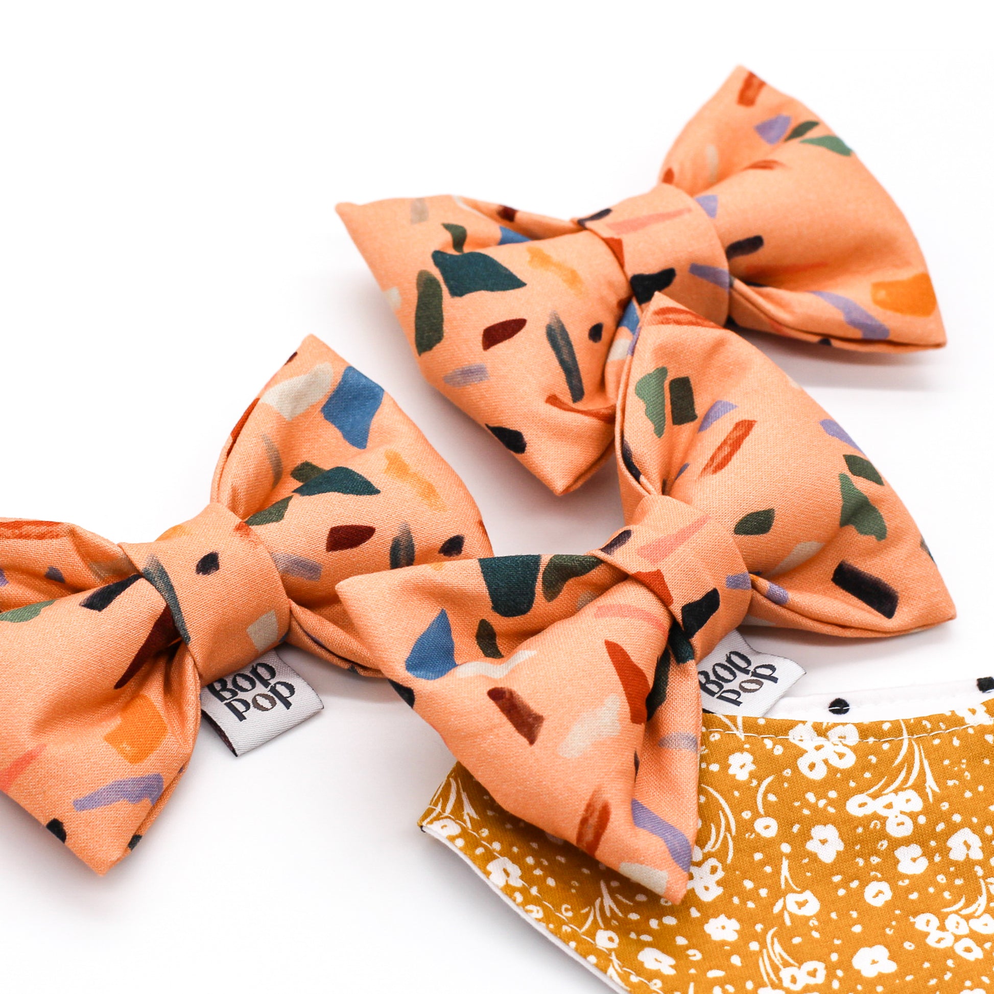 Terrazzo cotton bandana eco-friendly ink print pet dog cat bow tie pet accessory boho modern multicolor citrus orange marble bop pop pets