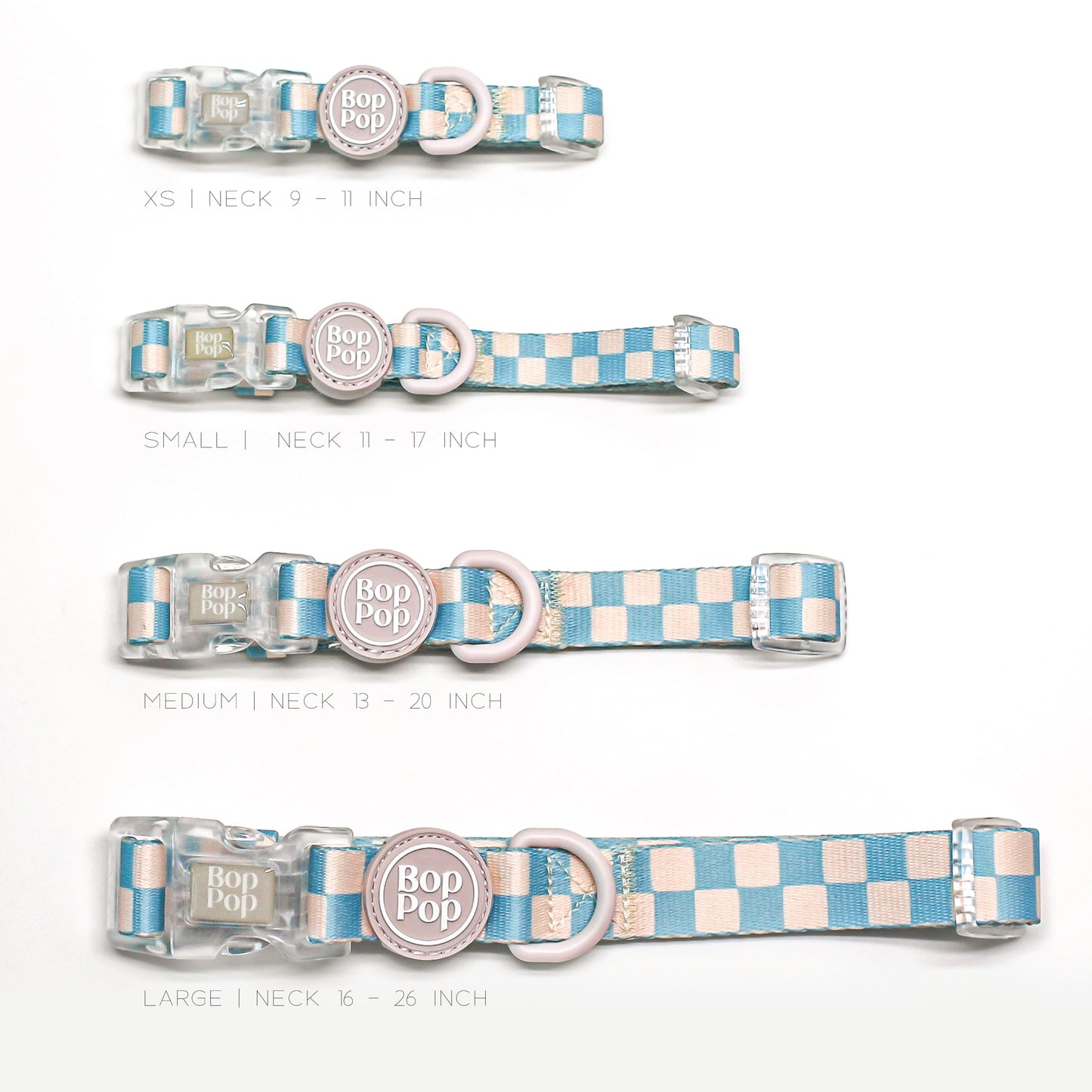 Set of dog collars with checkered blue pattern and bop pop logo rubber tag. Sizes xs, small, medium and large pet accessories