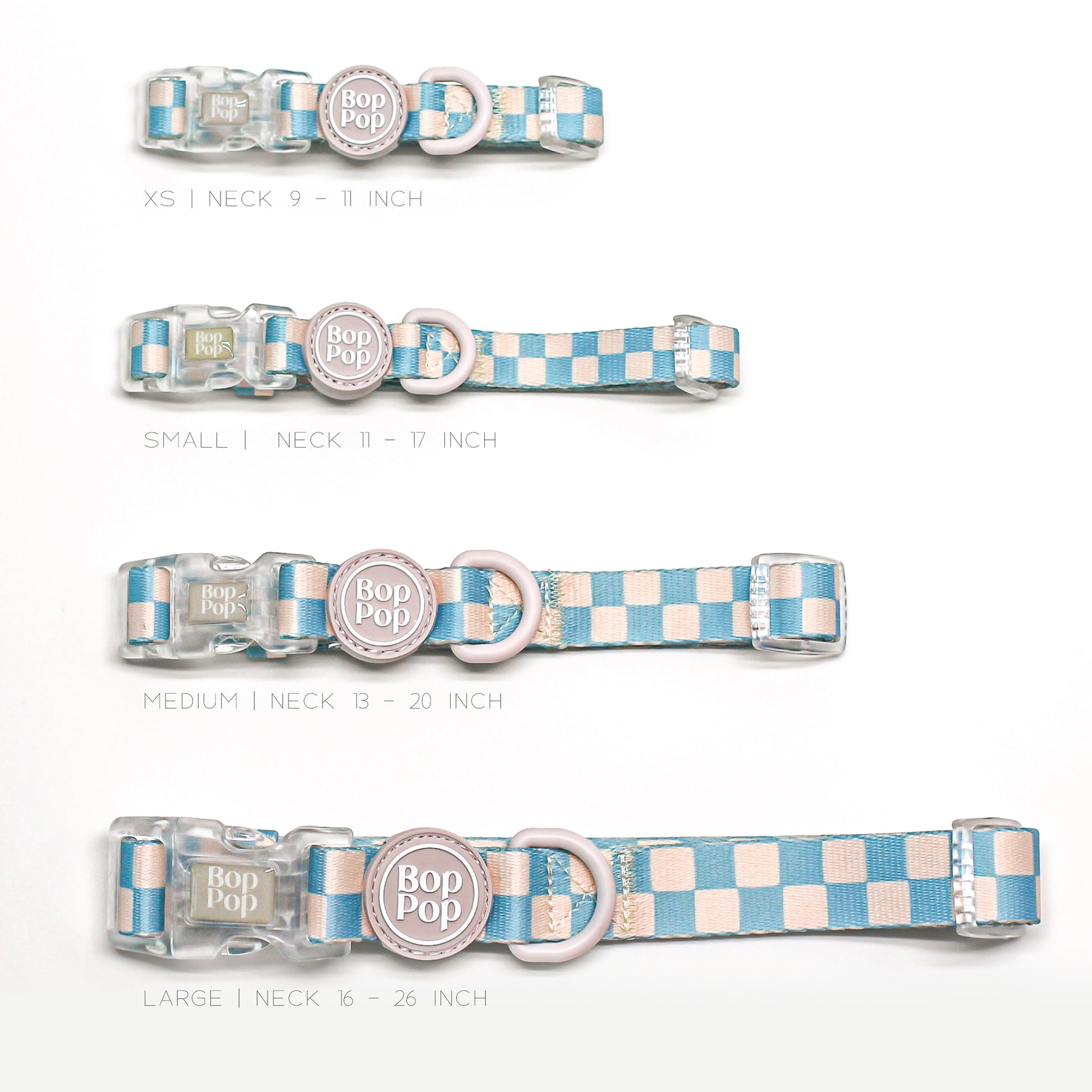 Set of dog collars with checkered blue pattern and bop pop logo rubber tag. Sizes xs, small, medium and large pet accessories