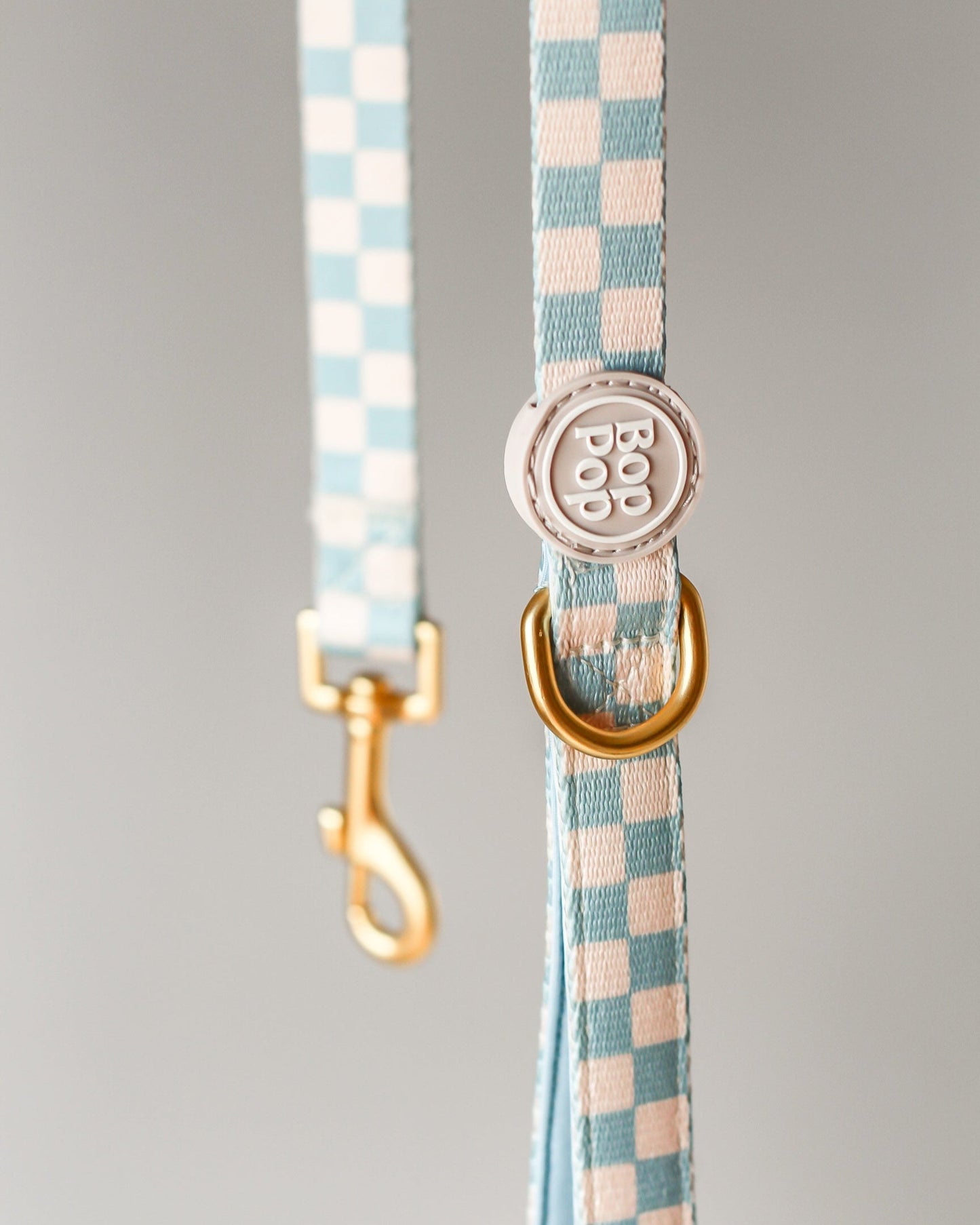 Checkered dog leash with gold clasp and pink button on a gray background