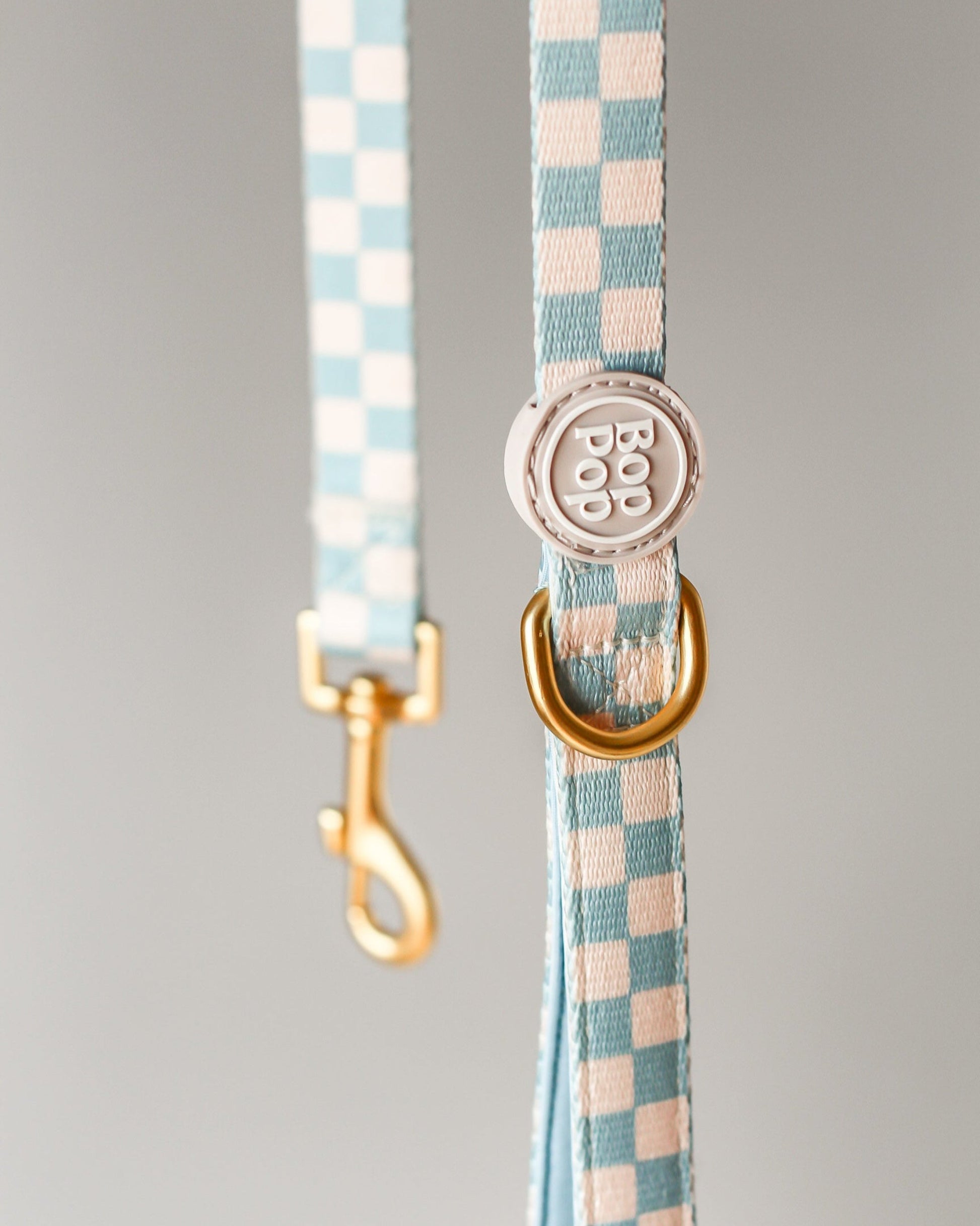 Checkered dog leash with gold clasp and pink button on a gray background