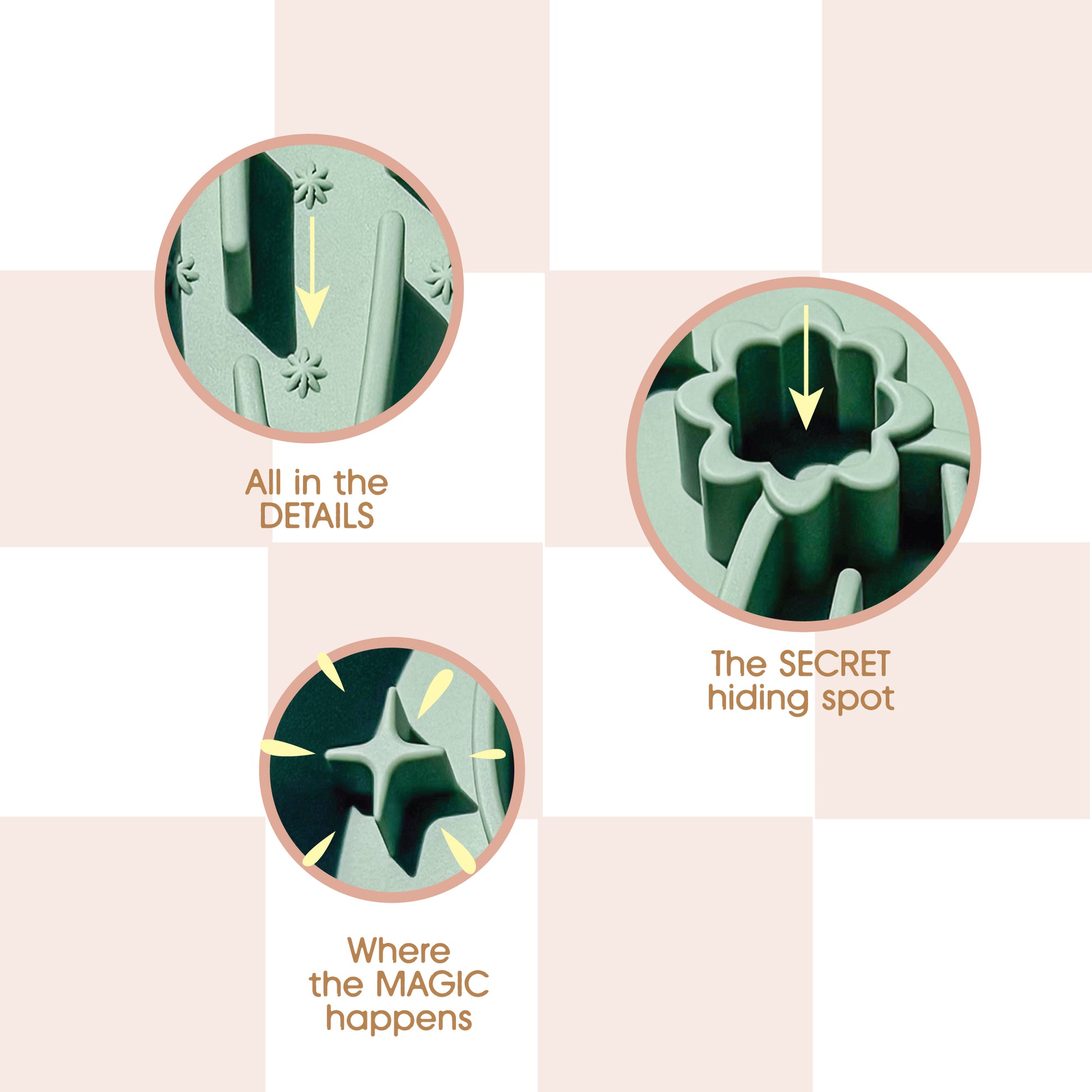 Three circular close-up callouts on a pale pink and beige checkered background highlight product details with text reading 'All in the DETAILS,' 'The SECRET hiding spot,' and 'Where the MAGIC happens.'.
