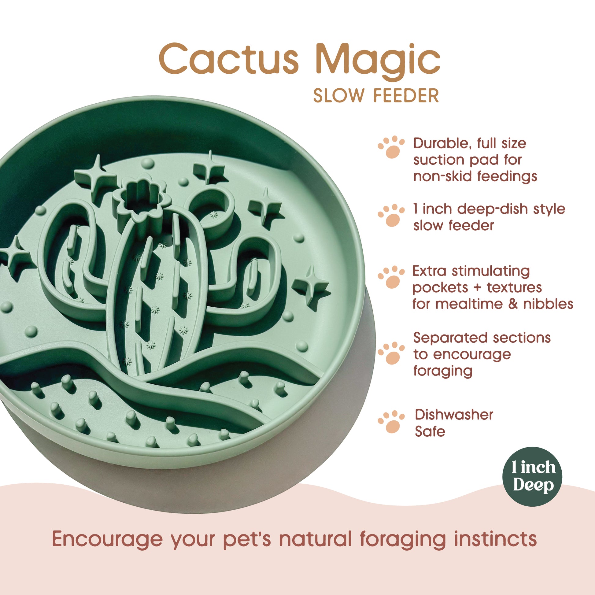 A green silicone pet slow feeder labeled 'Cactus Magic' shown on a pale pink background with product text callouts and a '1 inch Deep' badge.