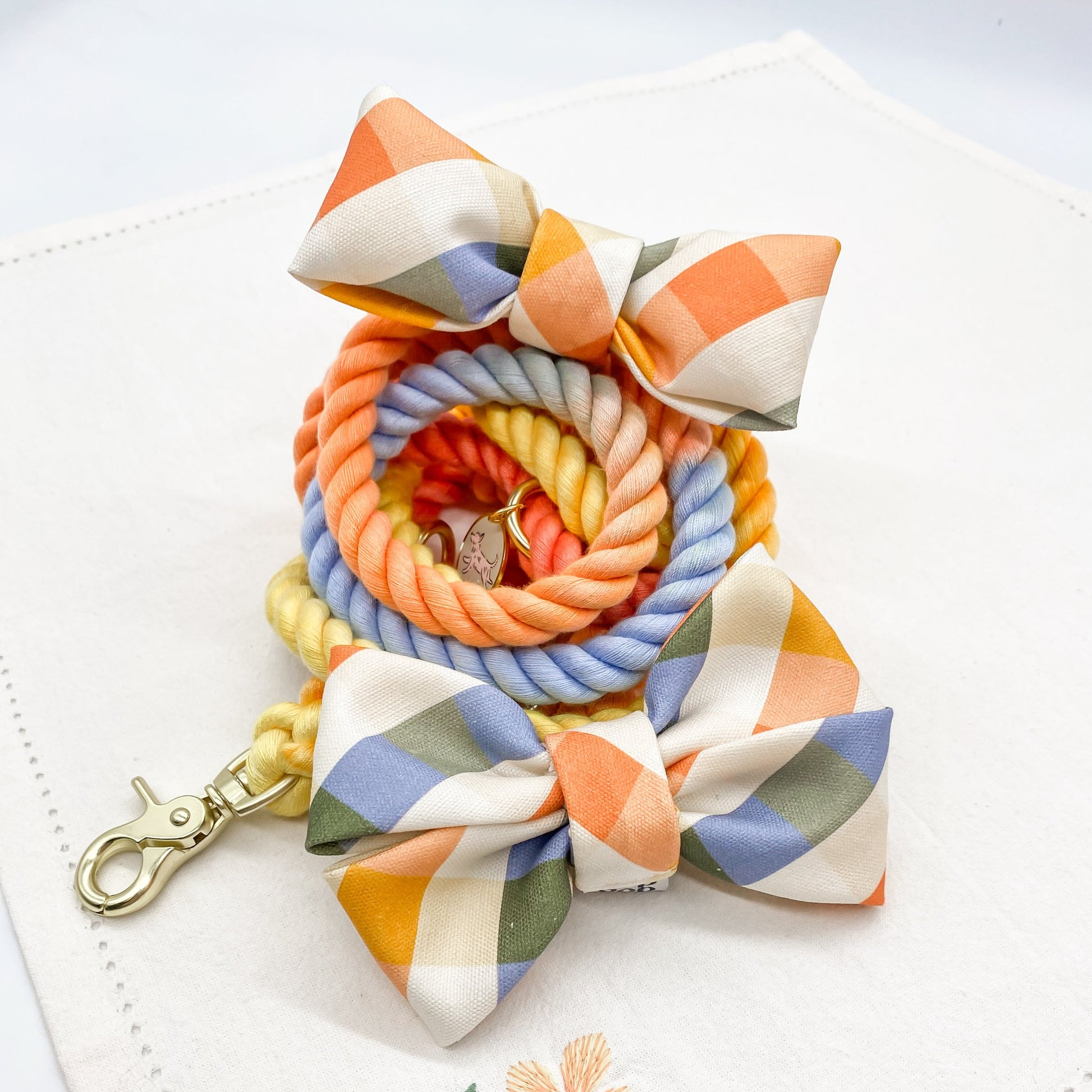 100% Organic Cotton Linen dog cat narrow designer bow tie handmade structured puffy bow tie Bop Pop Pets. Orange citrus clementine Spring Summer easter bow Plaid print pet apparel  Handsfree Rainbow Citrus dog leash gold hardware