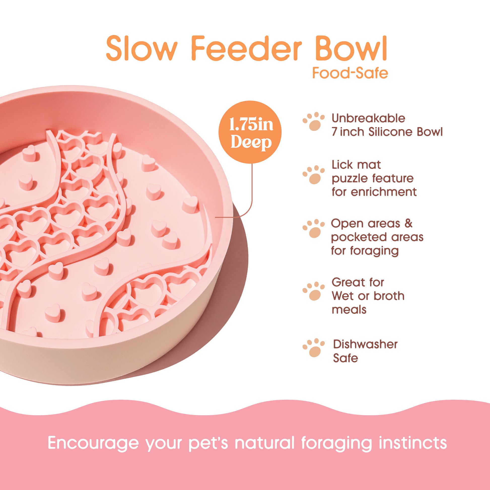 Pink silicone pet slow feeder bowl with a textured maze-like surface, shown on a white background with orange text highlighting features such as 1.75-inch depth, unbreakable design, lick mat feature, and dishwasher safe.