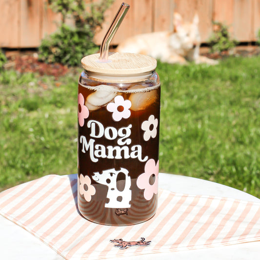 Dog Mama Dog Mom Life Beer Glass with UV DTF transfers  Bamboo Lid  Colored Glass Straw Flower Spring Cherry Blossom Pink Pastels Pet Theme cups