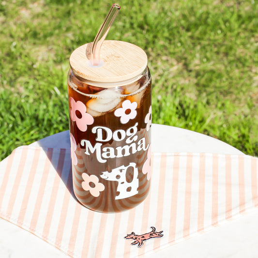 Dog Mama Dog Mom Life Beer Glass with UV DTF transfers  Bamboo Lid  Colored Glass Straw Flower Spring Cherry Blossom Pink Pastels Pet Theme cups
