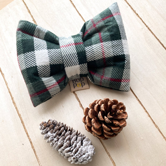 Evergreen Plaid XXL Big Bow tie for pets dog cats pet apparel cabin style Christmas green bop pop pets