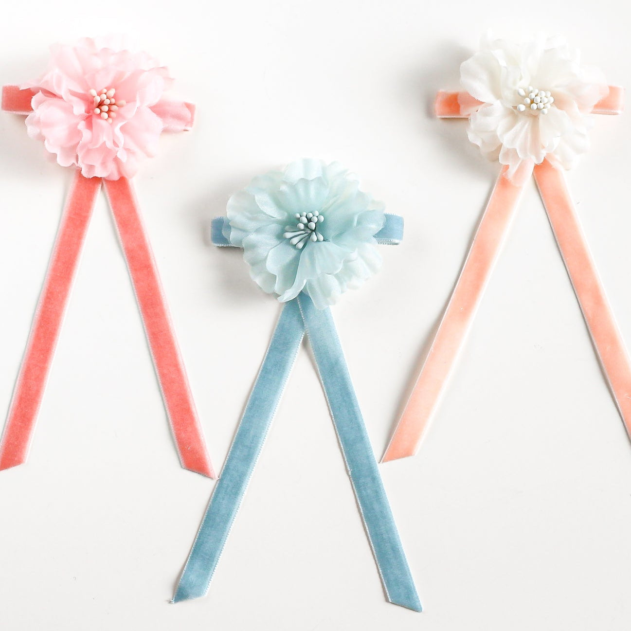 Flower Clips with velvet ribbon Pink, Slate Blue and Peach by Bop Pop Pets dog accessories