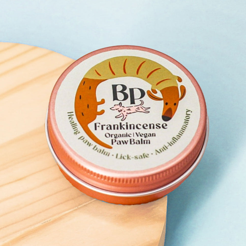 A round metal tin of BP Frankincense Organic Vegan Paw Balm sits on a light wood surface against a soft light blue background.