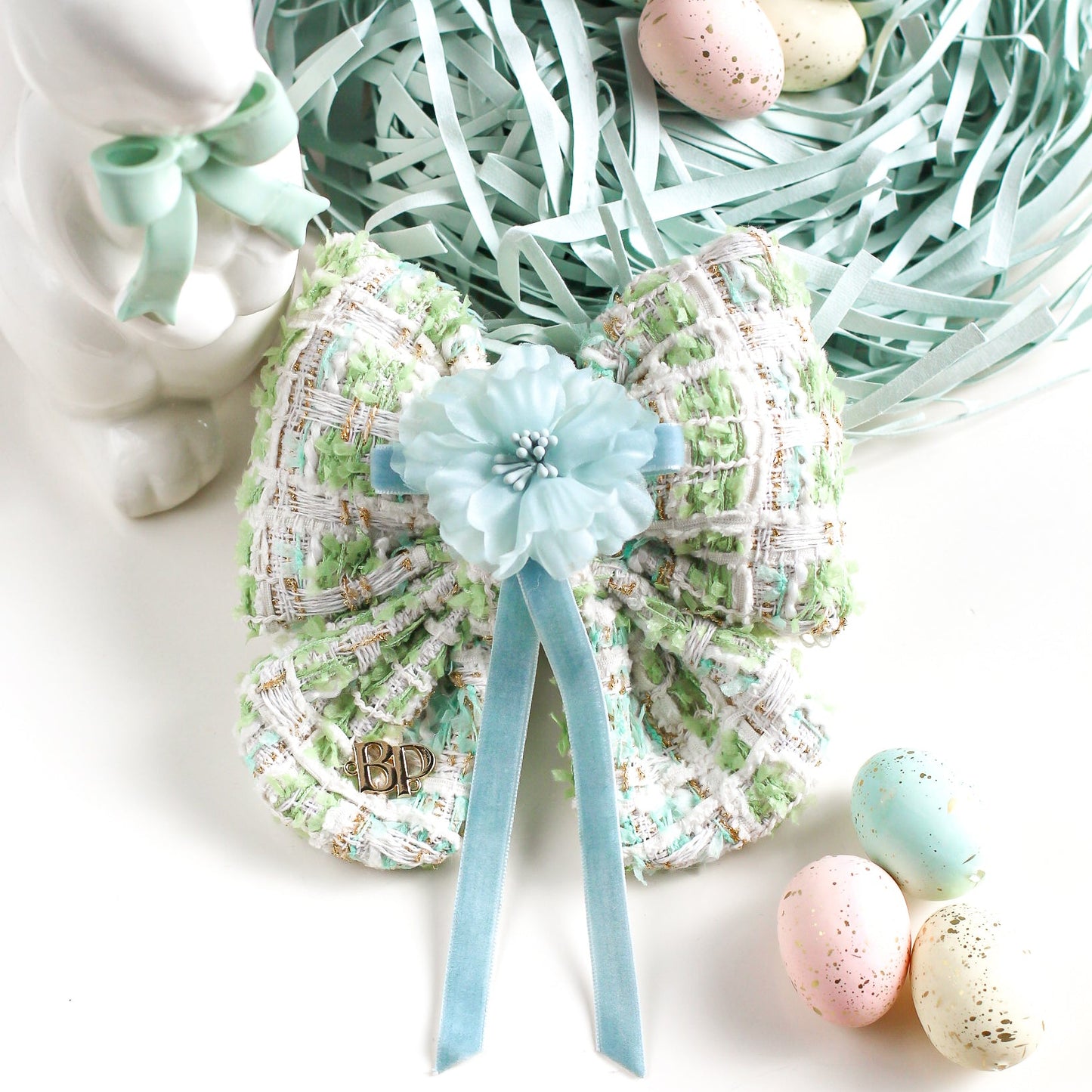 tweed blue green dog bow with tails and blue flower clip with velvet ribbon.