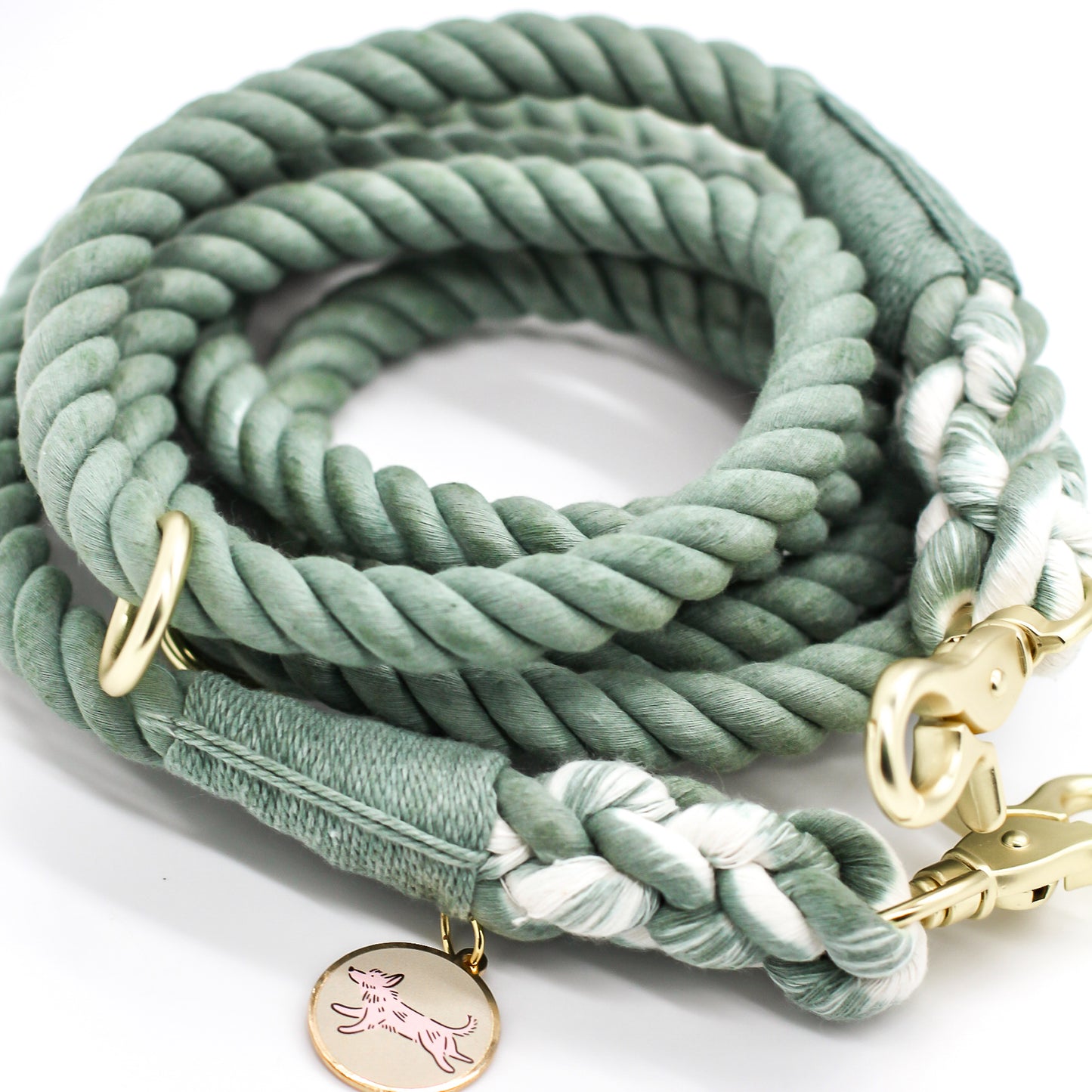Juniper Moon, sage colored cotton Handsfree Rope Leash for Dogs. Pet accessory for easy dog walking with matte gold hardware. Bop Pop Pets