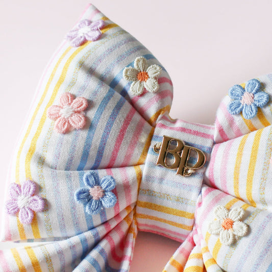 Premium Luxury Fun Dog Collar Bow Tie Sailor bow. Rainbow striped strip cotton, handmade flower bop pop bows for pet accessories. Fits all size dogs. Daisy Summer Flower Soft Cotton . Applique flowers