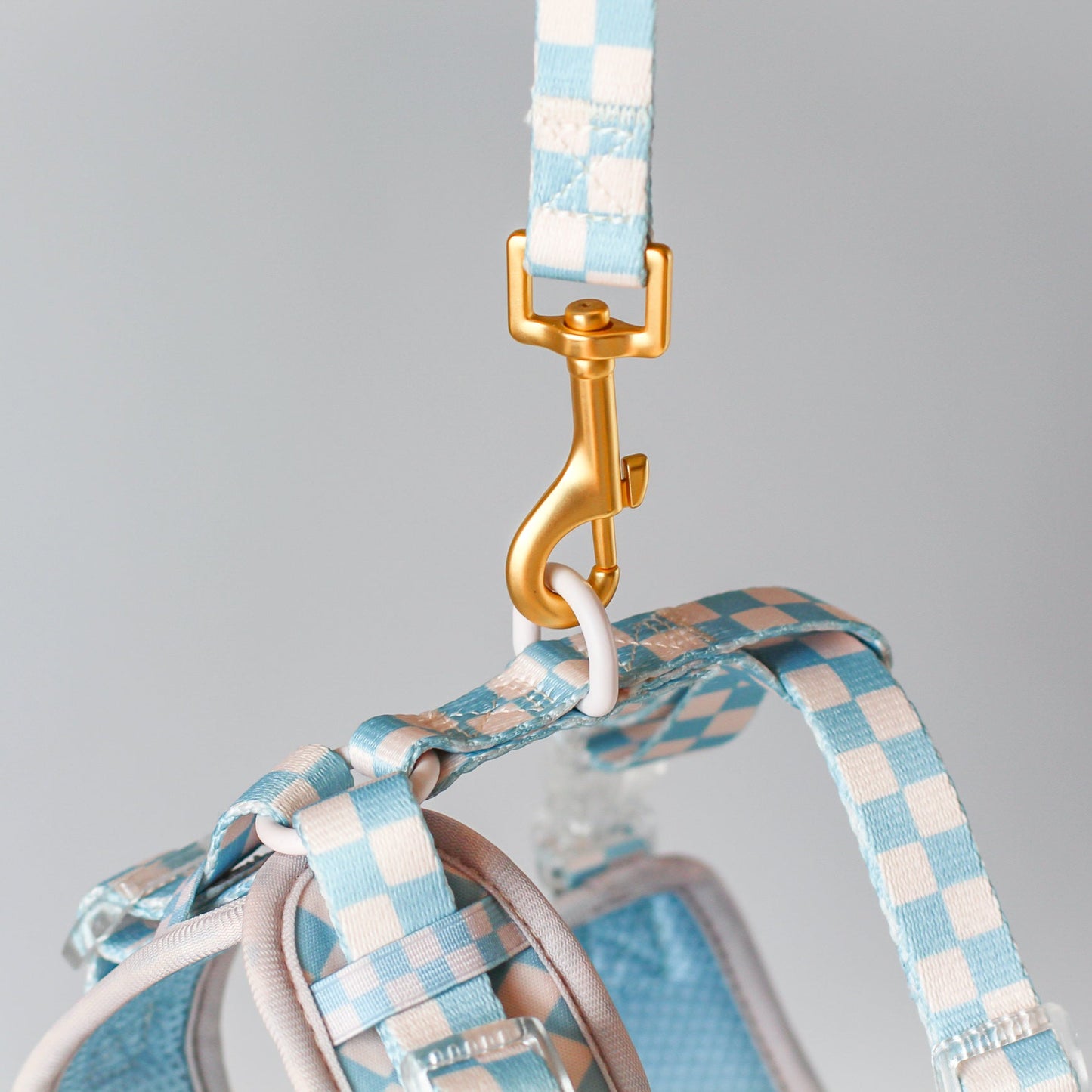 Dog leash Dring with checkered blue pattern and gold clasp on a gray background