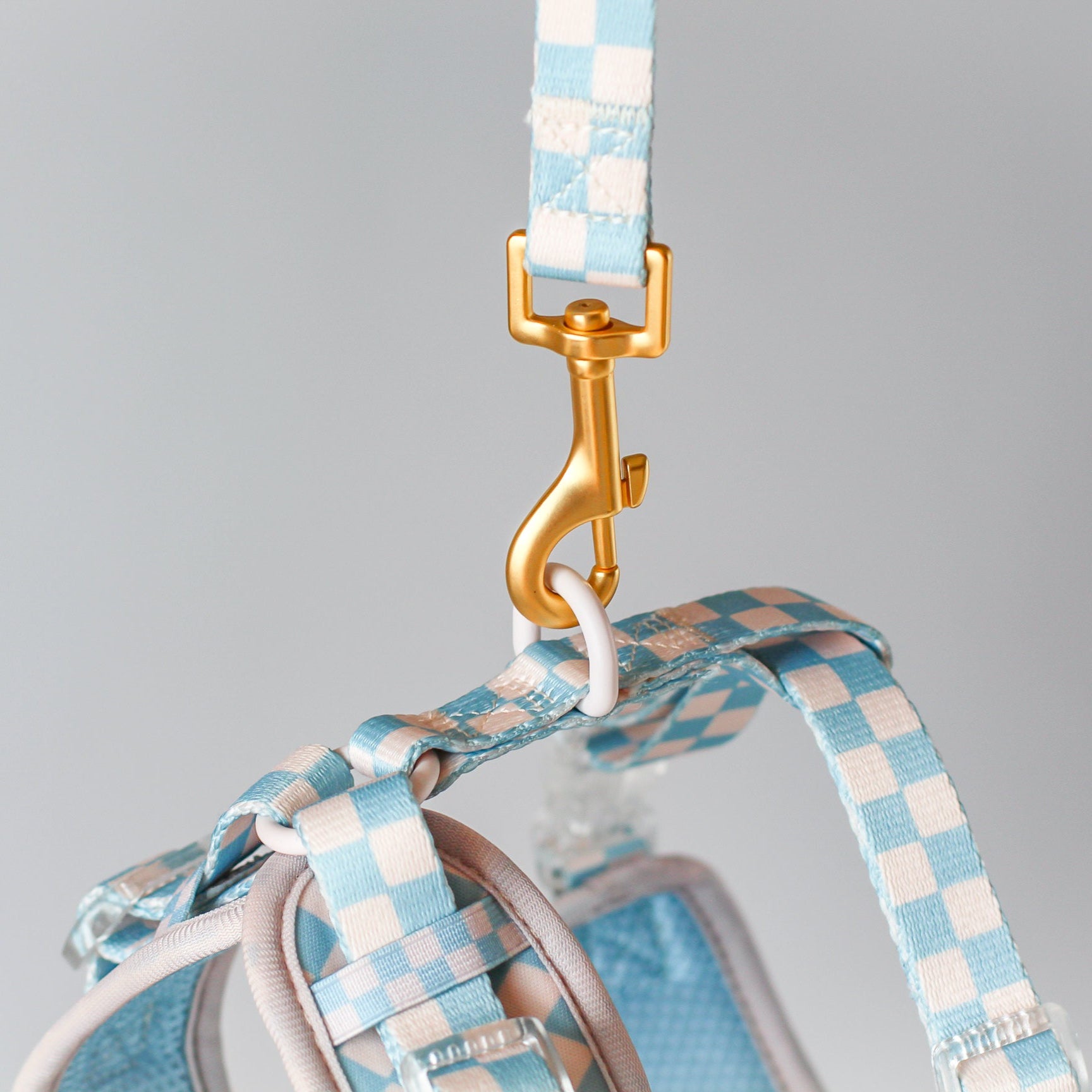 Dog leash Dring with checkered blue pattern and gold clasp on a gray background