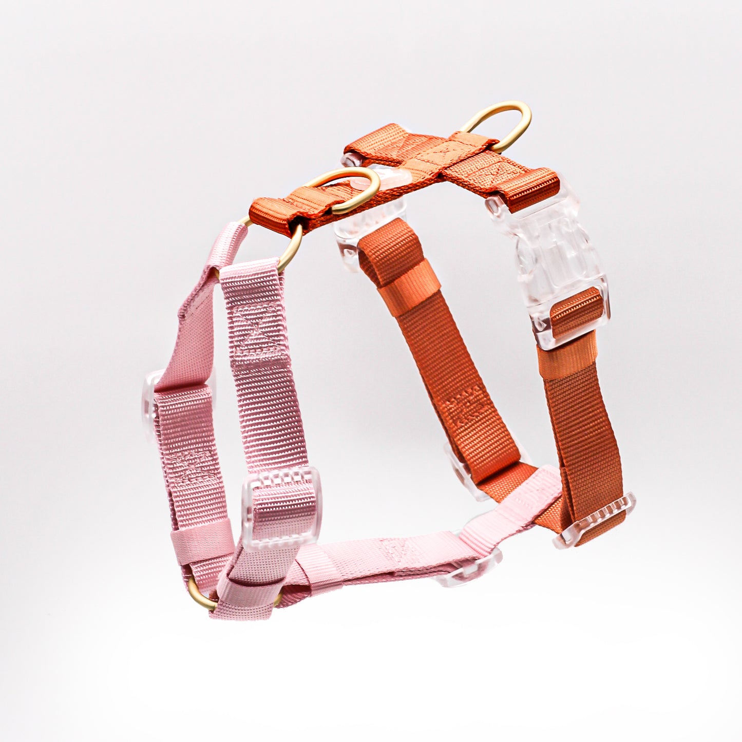 2 Color Contrast Dual Dusty Pink Orange Classic Dog Nylon Strap Harness with Gold Hardware Clear Buckles Pet Accessory Bop Pop Pets Details Logo tag Cloudberry