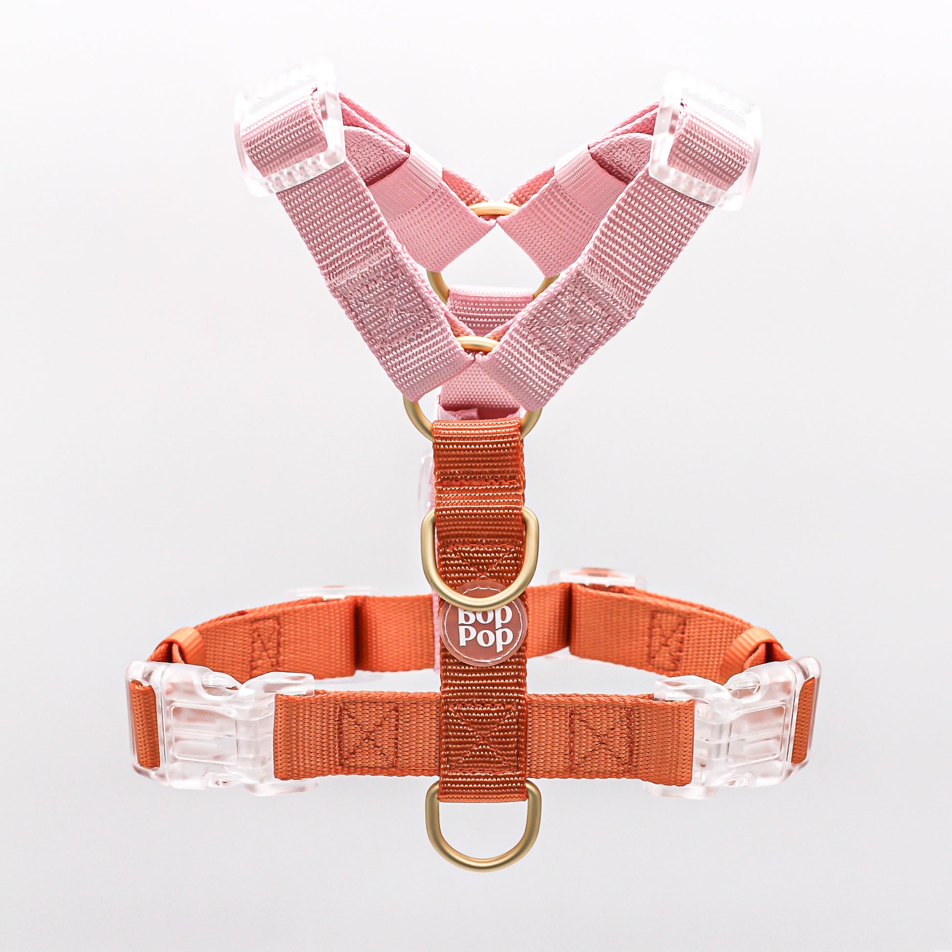 2 Color Contrast Dual Dusty Pink Orange Classic Dog Nylon Strap Harness with Gold Hardware Clear Buckles Pet Accessory Bop Pop Pets Details Logo tag