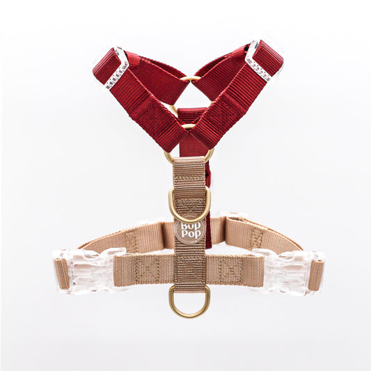 2 Color Dual Contrast Burgundy Rosewood Sand Beige Neutral Classic Dog Nylon Strap Harness with Gold Hardware Clear Buckles Pet Accessory Bop Pop Pets 