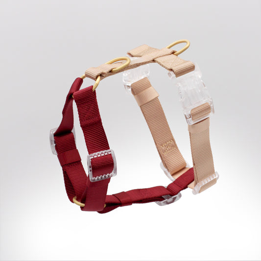 2 Color Dual Contrast Burgundy Rosewood Sand Beige Neutral Classic Dog Nylon Strap Harness with Gold Hardware Clear Buckles Pet Accessory Bop Pop Pets 