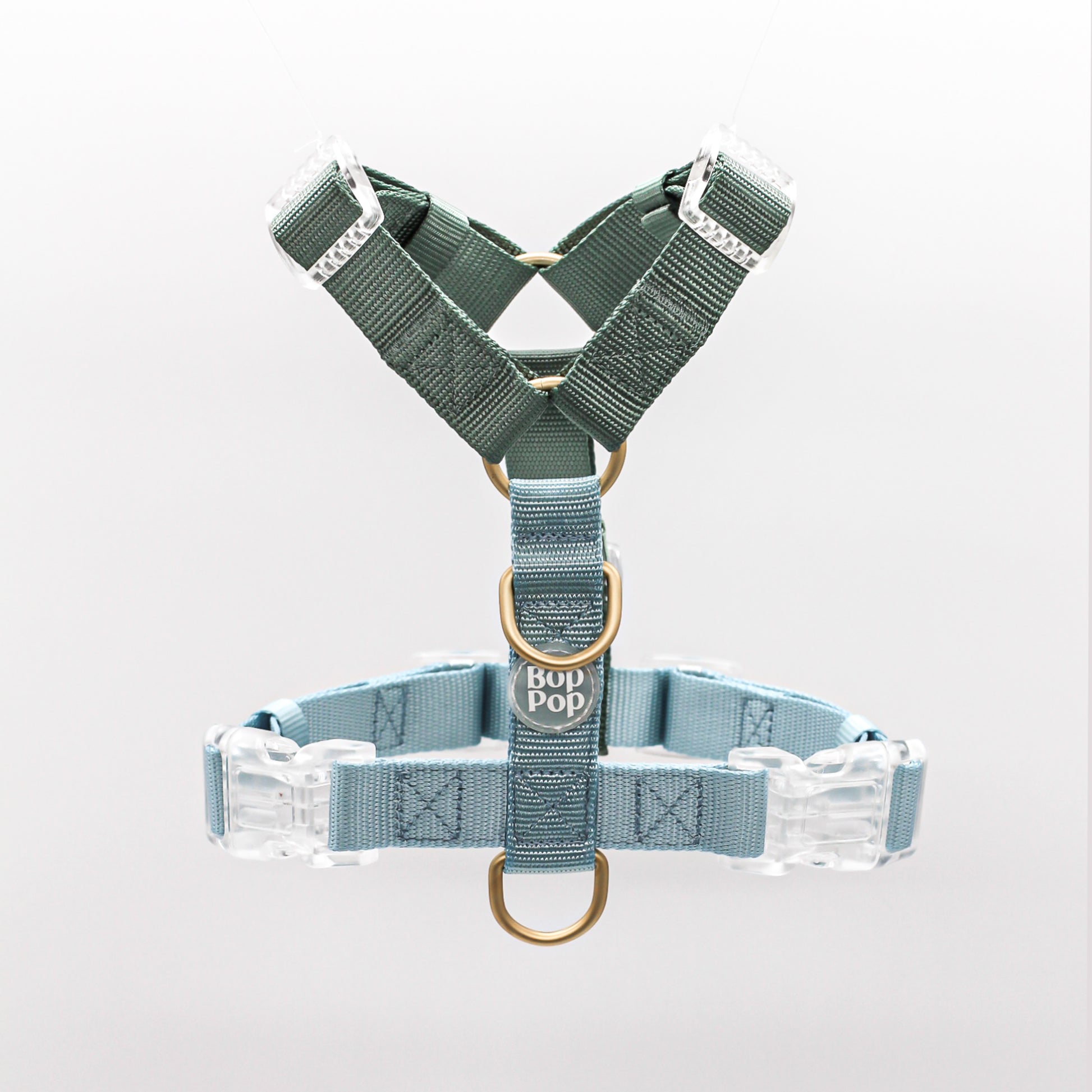 2 Color Dual Contrast Green Sage Baby Blue Aqua Classic Dog Nylon Strap Harness with Gold Hardware Clear Buckles Pet Accessory Bop Pop Pets