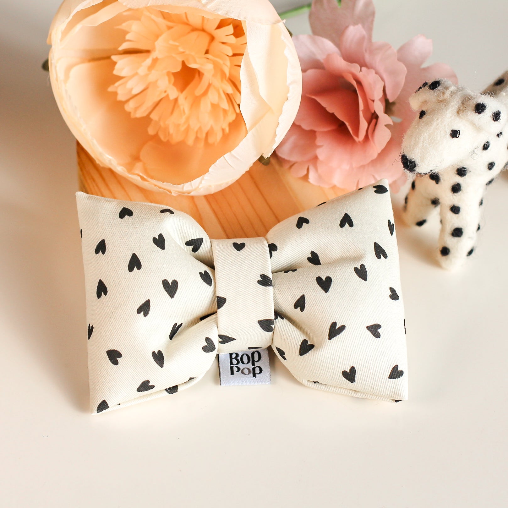 Off white and tiny black hearts large sized bow tie for dogs cats Bop Pop pet accessory