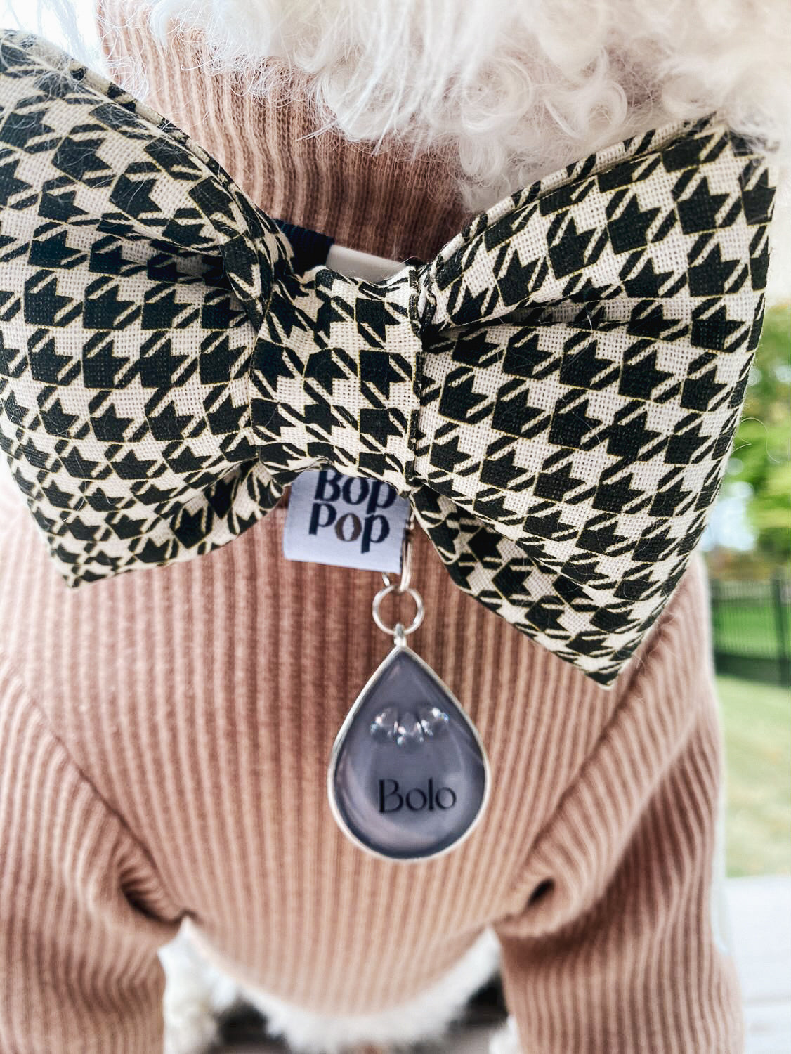 hounds tooth mini bow tie dog cat pet accessory Bop Pop Pets Cotton black and white handmade 