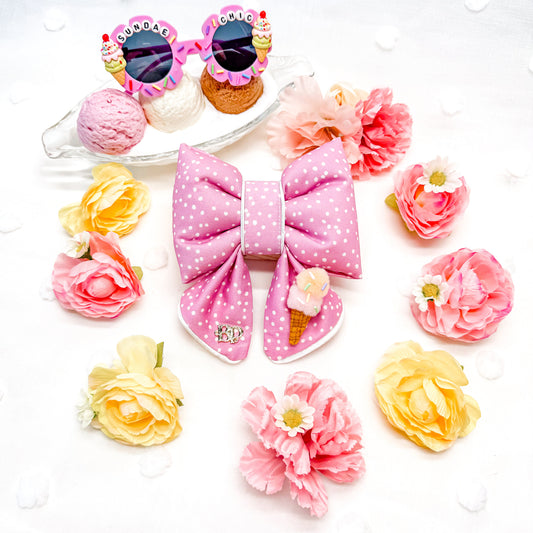 Pink polka dot sailor bow tie for dog cats with cute sunglasses, flowers and white satin trim piping. bop pop pets pet accessory