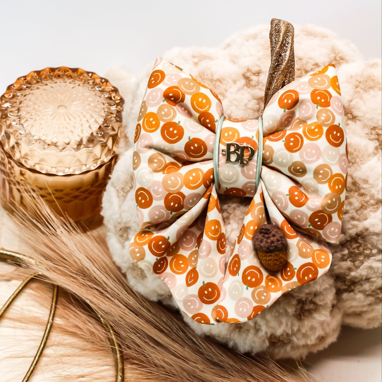 smiley face pumpkin pet bow tie sailor bow with scalloped details. Acorn crochet with pastel sage piping trim. Bop Pop Pet accessory. Cotton bows made in Oregon