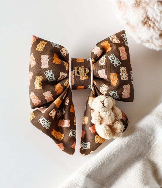 teddy bear bow tie for pets dogs in cotton with scallop and piping satin trim. Luxury premium bow tie pet accessory. Bop pop pets mini teddy bear doll