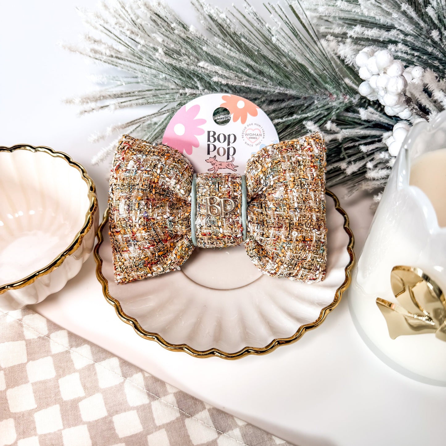 gold tweed fabric sailor bow with sage satin trim for pets dogs and cats