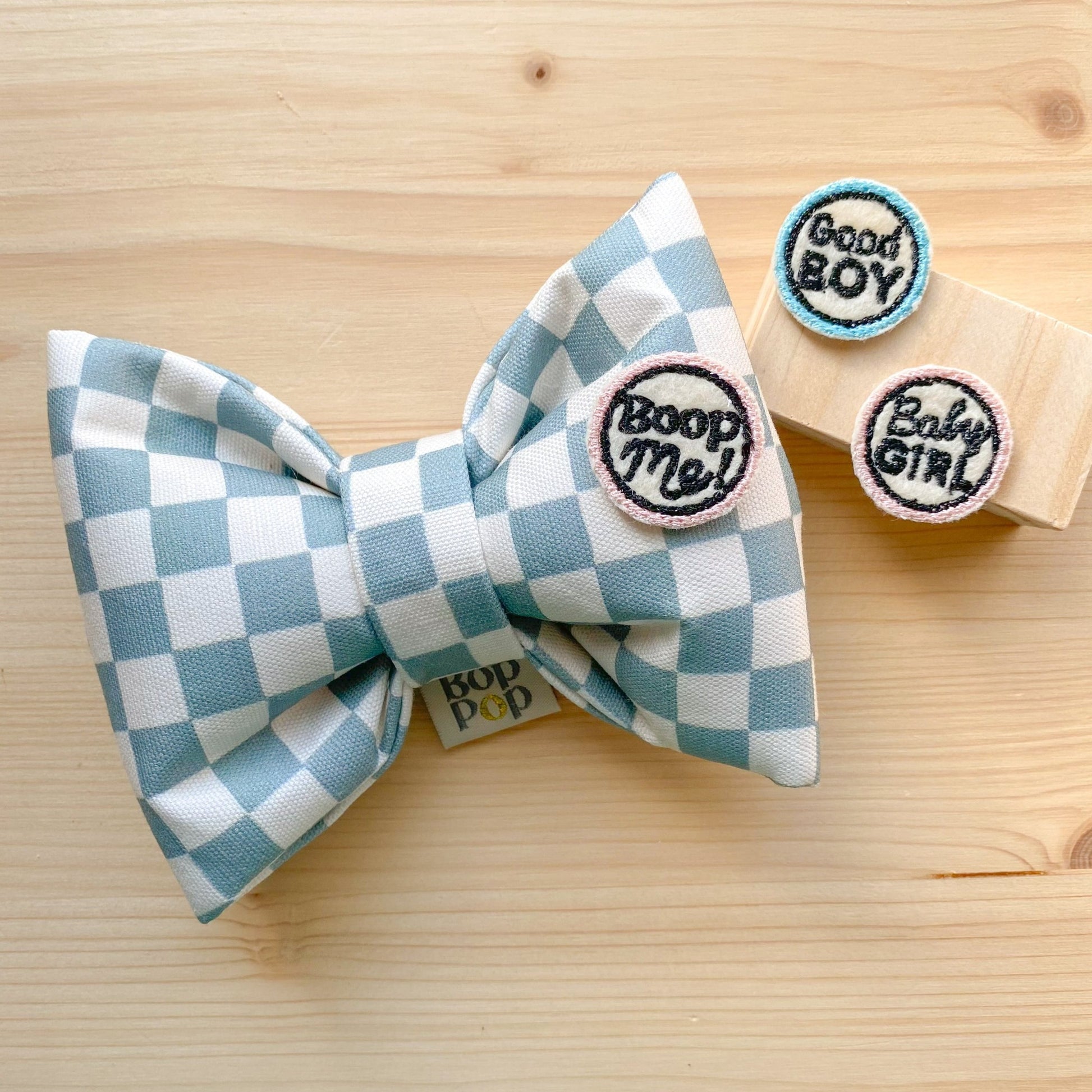bluestone organic cotton canvas pet dog cat bow tie pet apparel blue grey checkerboard fabric with elastic loop collar attachment bop pop pets Big Puppa Bow ties embroidery patches Boop Me Good Boy Baby Girl