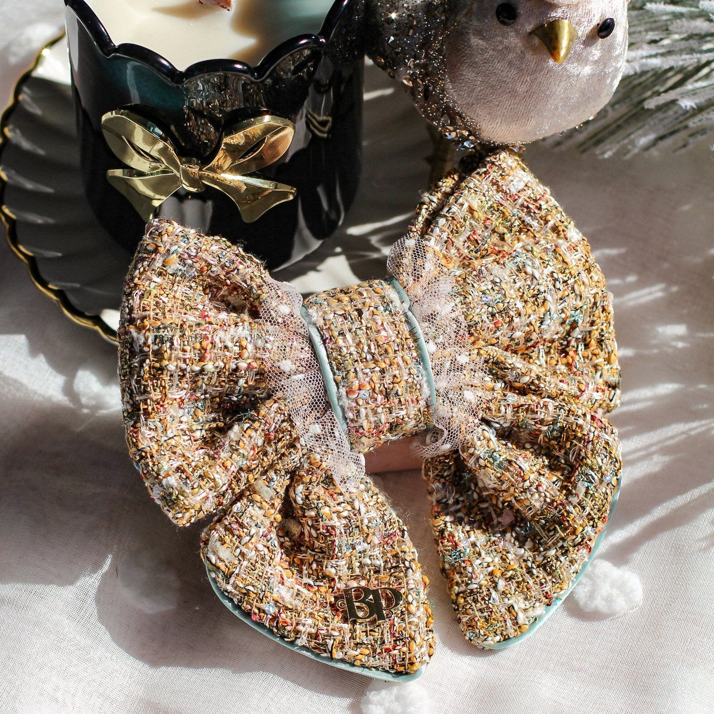 Sailor Bow Tweed Gold Sage Satin | NEW YEARS